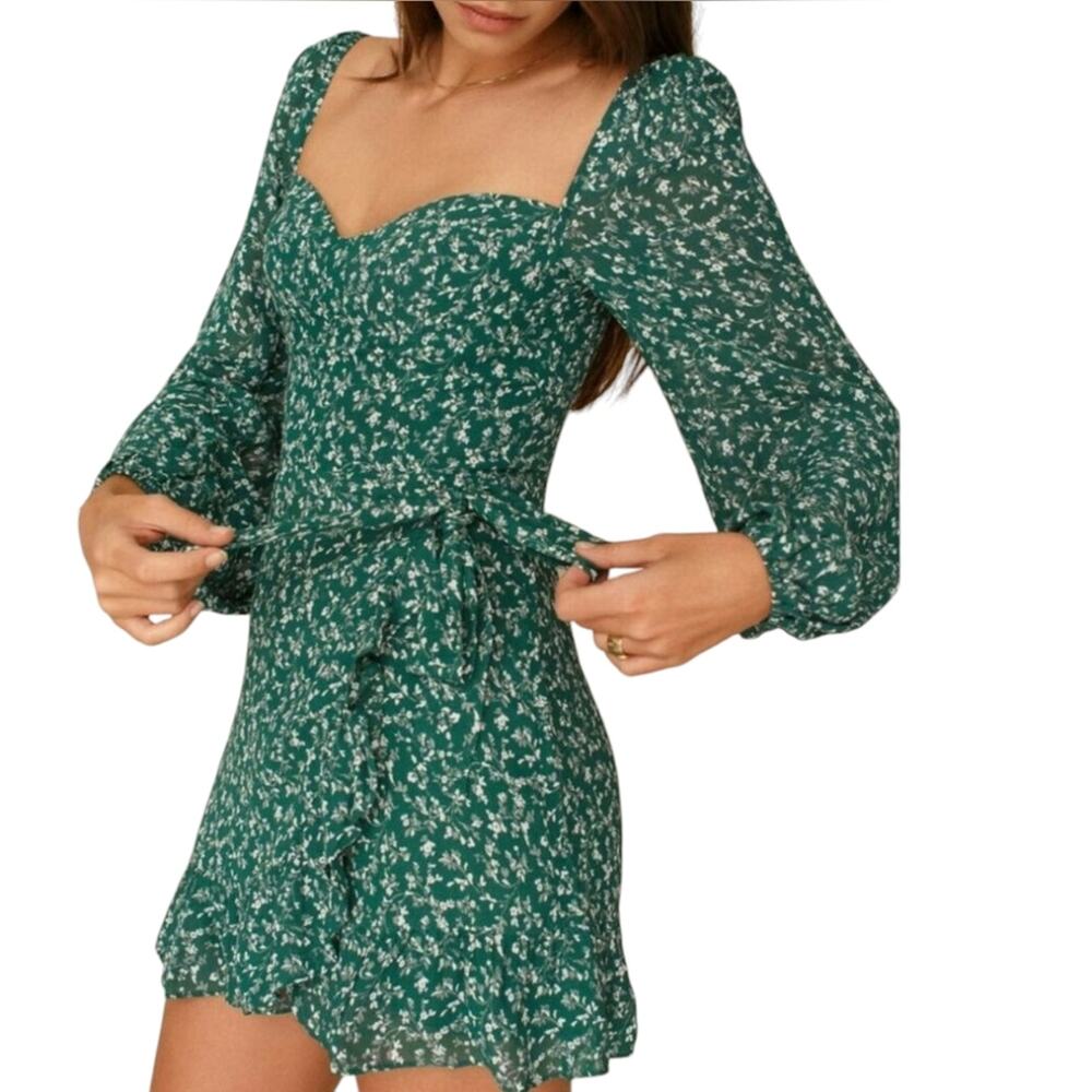 Reformation Cammi Mini Dress in Parsley Ruffle Floral Smocked
